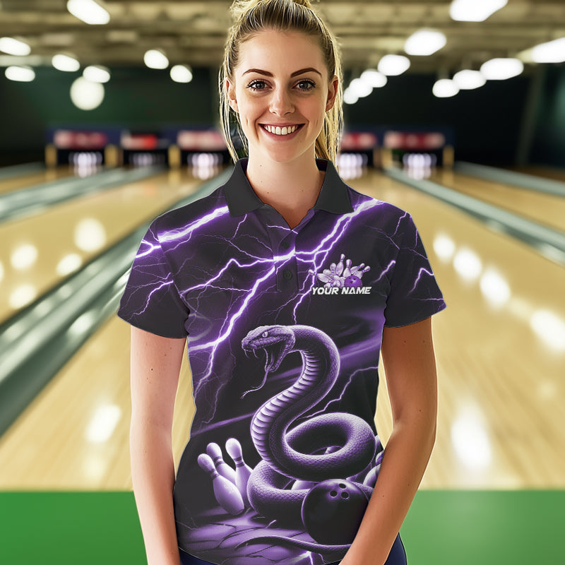 Custom Black And Purple Thunder Lightning Snake Bowling Polo Shirts For Women, Team Outfits IPHW8648