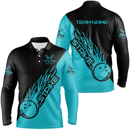Custom Bowling Long Sleeve Polo Shirts For Men, Bowling Team Shirts Bowling Strike | Ball Blue IPHW4289