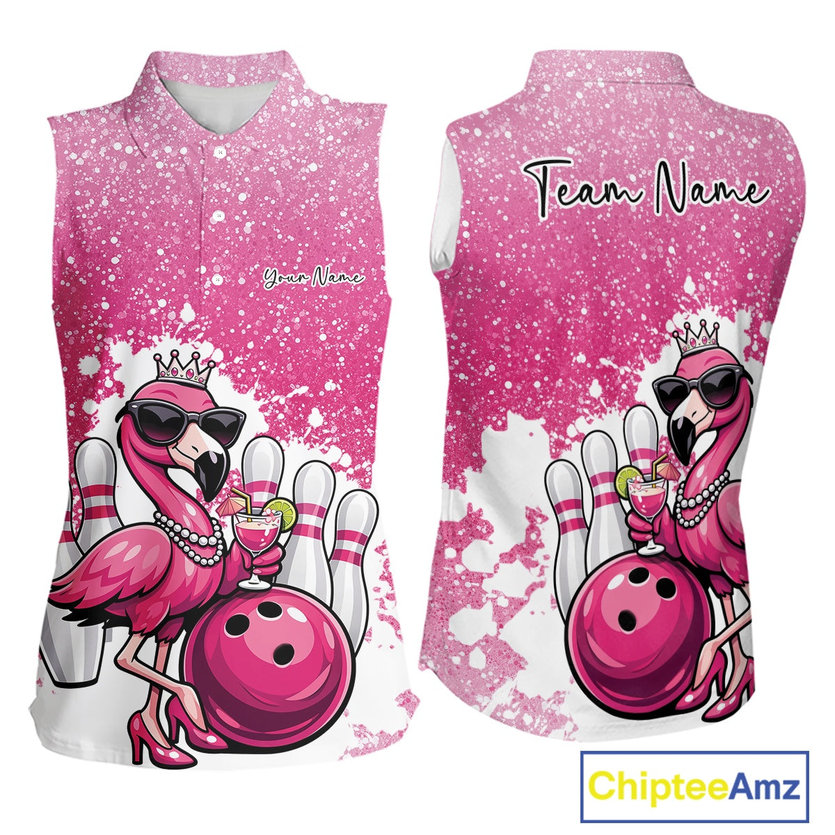 Front and back mockup of a pink women’s sleeveless bowling shirt with a crowned flamingo holding a cocktail beside a bowling ball and paint splatter artwork.