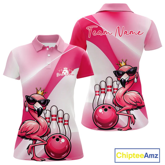Front and back mockup of a pink women’s bowling polo shirt featuring a crowned flamingo wearing sunglasses beside a bowling ball.