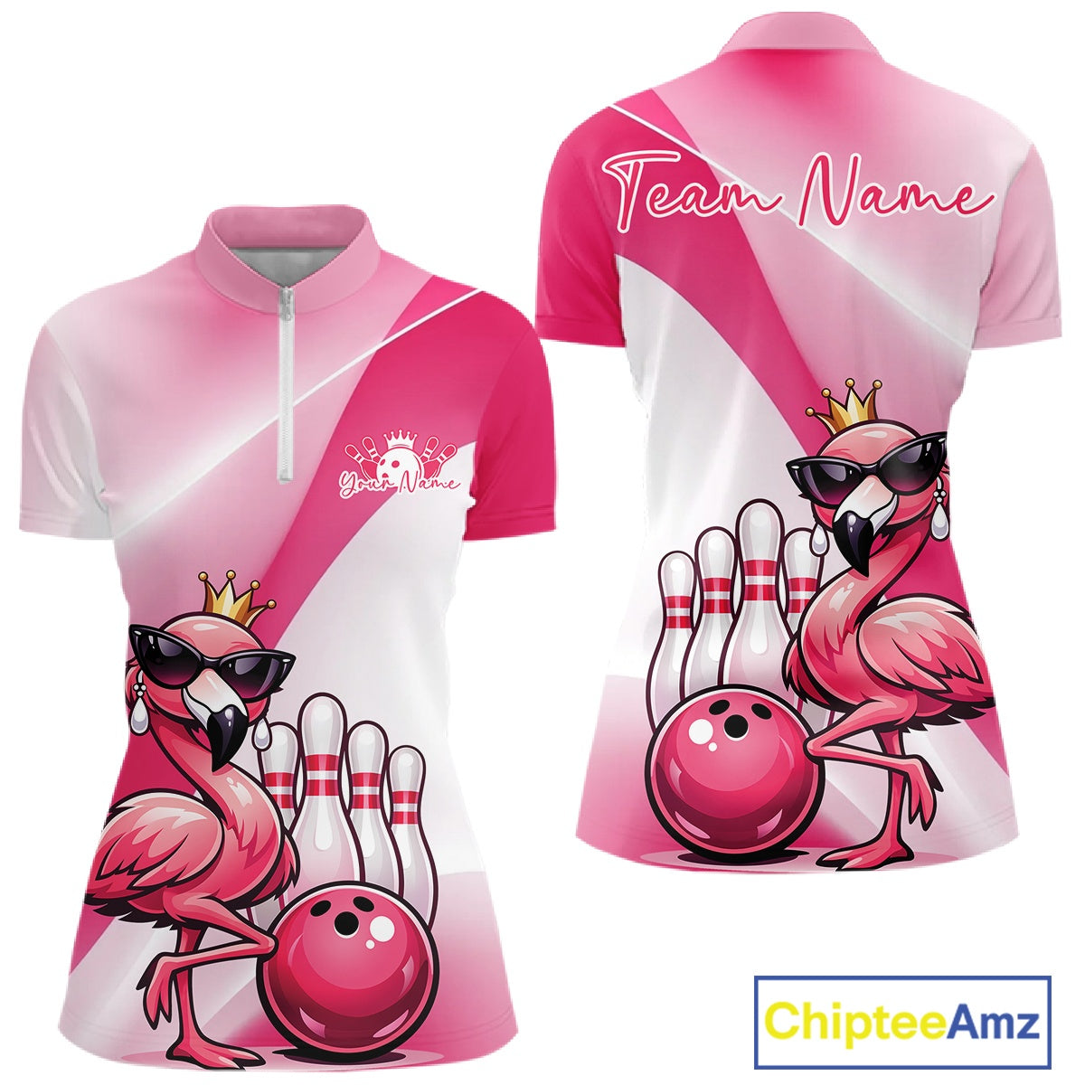 Front and back view of a pink women’s bowling quarter-zip shirt featuring a crowned flamingo wearing sunglasses beside a bowling ball.