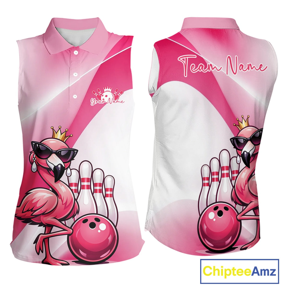 Women’s sleeveless bowling shirt in pink featuring a crowned flamingo wearing sunglasses beside a bowling ball, shown front and back.