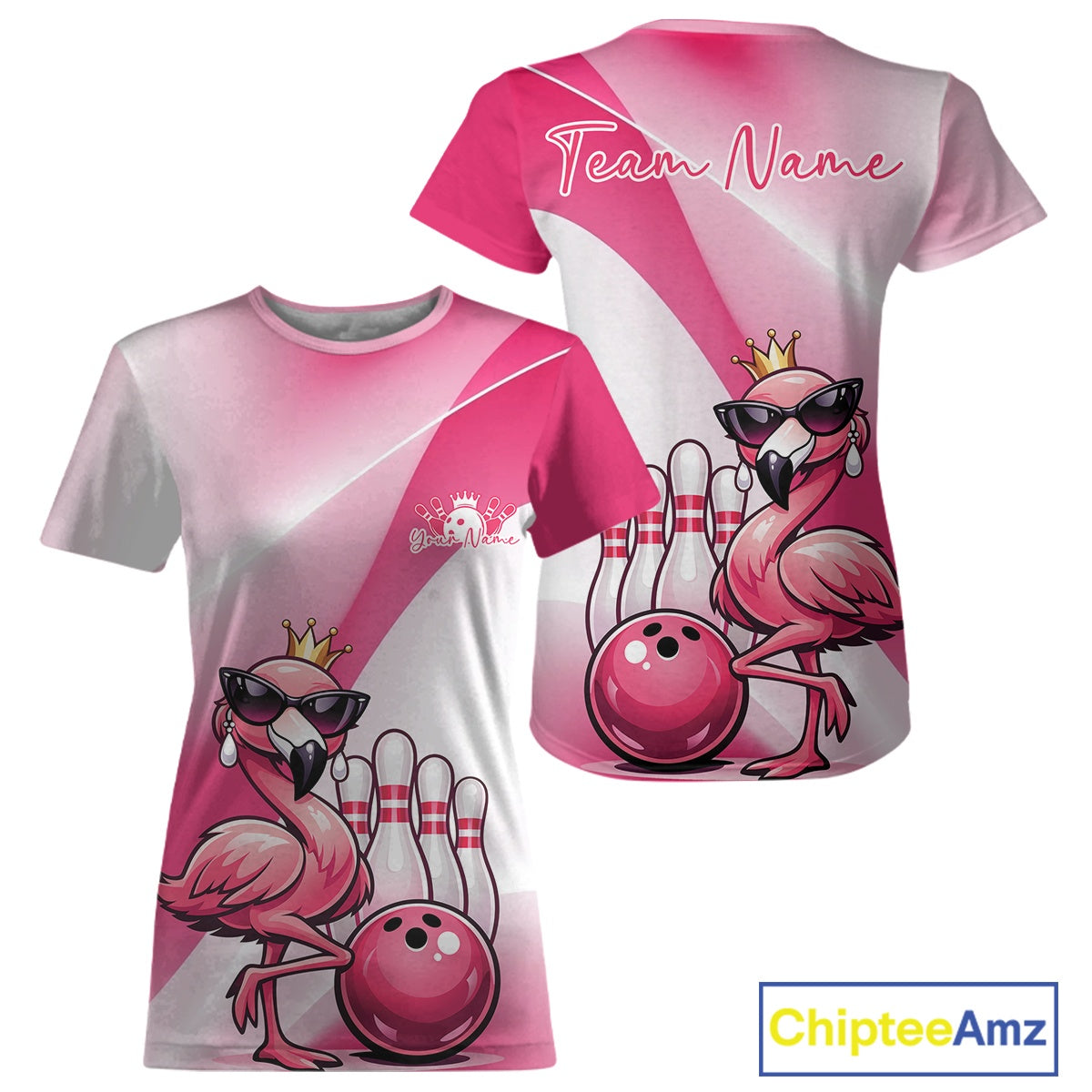 Front and back mockup of a pink women’s crewneck bowling T-shirt featuring a crowned flamingo wearing sunglasses beside a bowling ball.