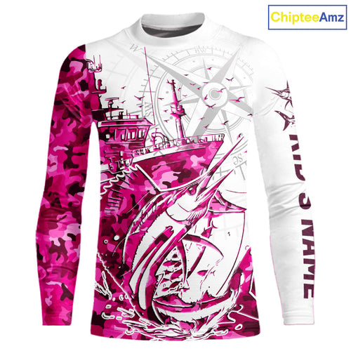 Custom Pink Camo Saltwater Sailfish Kid Long Sleeve Fishing Shirts, Offshore Fishing Shirt IPHW9169