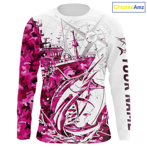 Custom Pink Camo Saltwater Sailfish Long Sleeve Fishing Shirts, Offshore Fishing Shirt IPHW9169