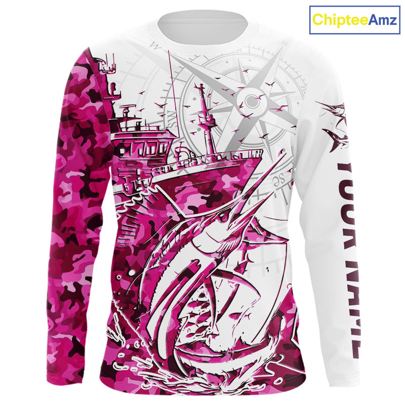 Custom Pink Camo Saltwater Sailfish Long Sleeve Fishing Shirts, Offshore Fishing Shirt IPHW9169