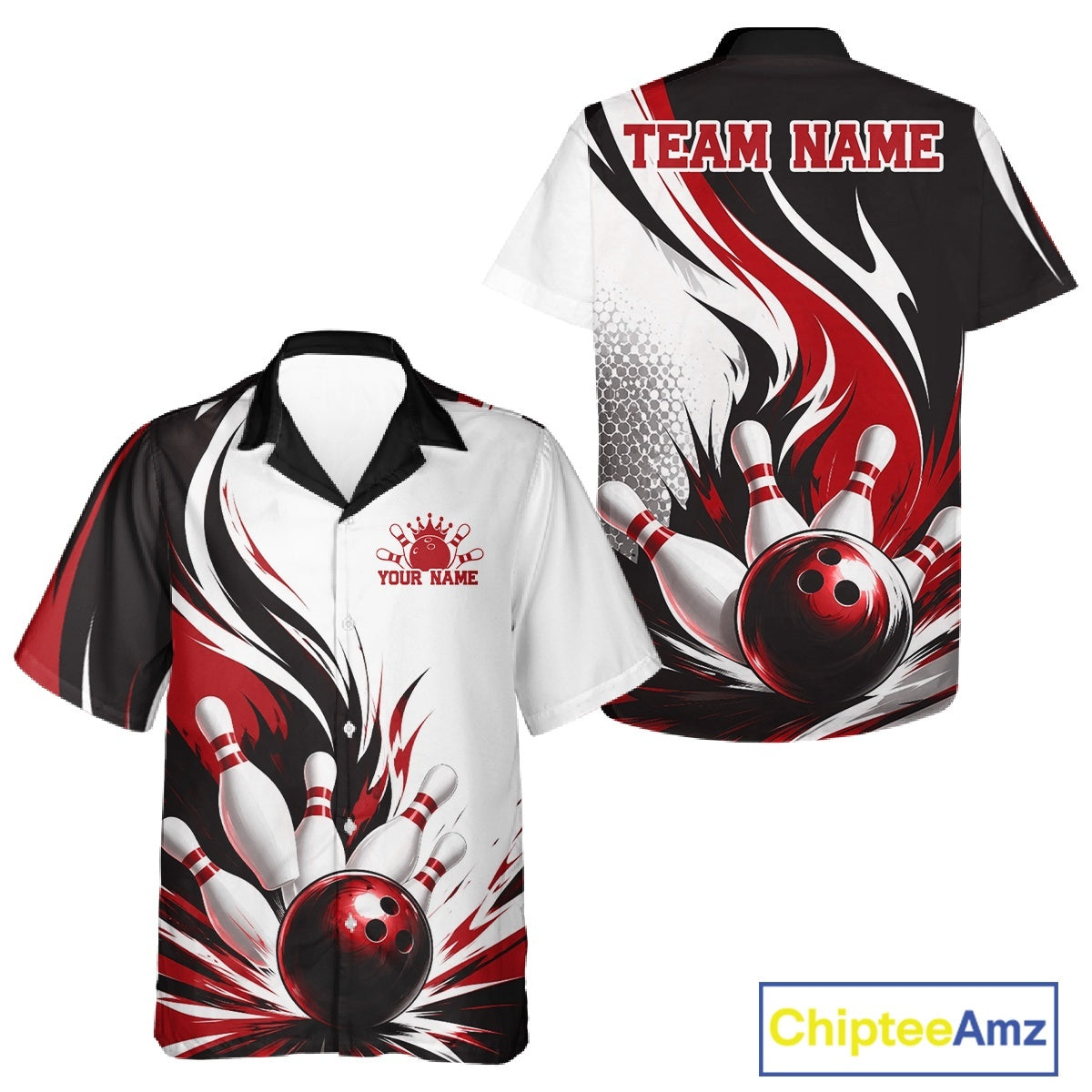 Front and back view of a button-up bowling shirt mockup featuring a flaming bowling ball striking pins design on a white, black, and red shirt.