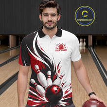 Load image into Gallery viewer, Front view of a male model wearing a white, black, and red bowling polo shirt showcasing a flaming bowling ball striking pins artwork in a bowling lane.