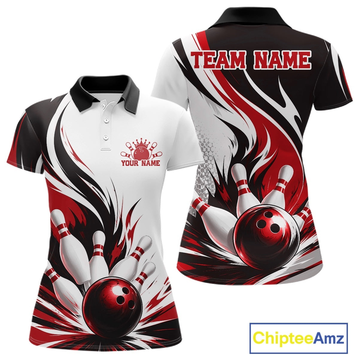 Front and back view of a women's bowling polo shirt mockup featuring a flaming bowling ball striking pins design on a white, black, and red shirt.