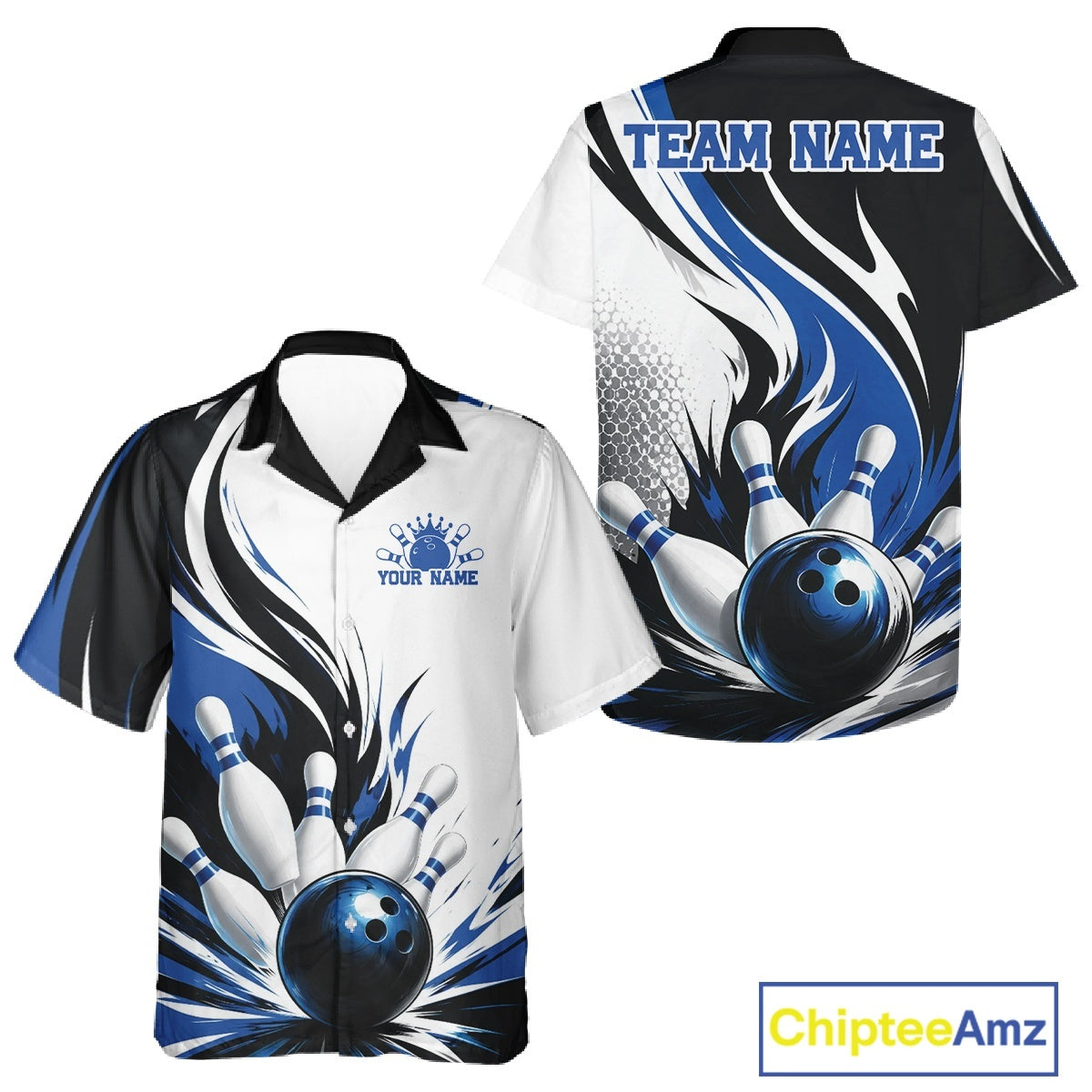 Front and back view of a button-up bowling shirt mockup featuring a flaming bowling ball striking pins design on a white, black, and blue shirt.