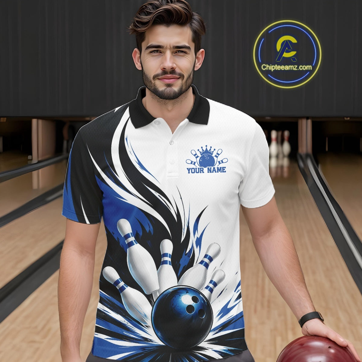 Front view of a male model wearing a white, black, and blue bowling polo shirt showcasing a flaming bowling ball striking pins graphic in a bowling lane.