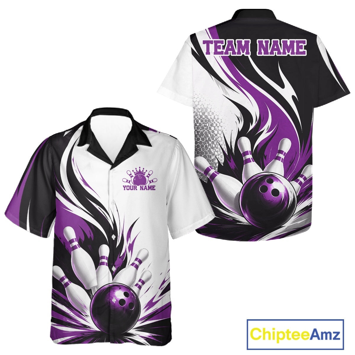 Front and back view of a button-up bowling shirt mockup featuring a flaming bowling ball striking pins design on a white, black, and purple shirt.