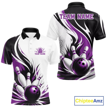 Front and back view of a men's bowling polo shirt mockup showcasing a flaming bowling ball striking pins design on a white, black, and purple shirt.