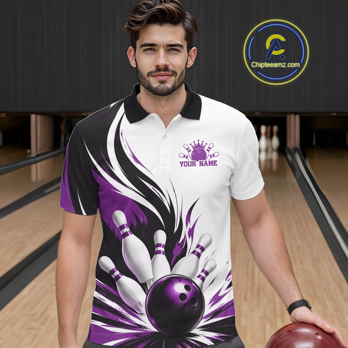 Front view of a male model wearing a white, black, and purple bowling polo shirt showcasing a flaming bowling ball striking pins artwork in a bowling lane.