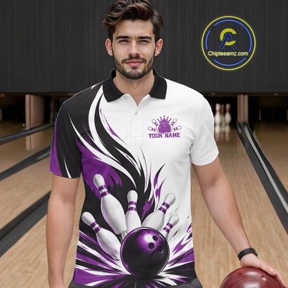 Front view of a male model wearing a white, black, and purple bowling polo shirt showcasing a flaming bowling ball striking pins artwork in a bowling lane.