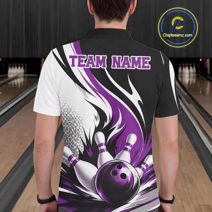 Back view of a male model wearing a white, black, and purple bowling polo shirt with a flaming bowling ball striking pins graphic inside a bowling lane.