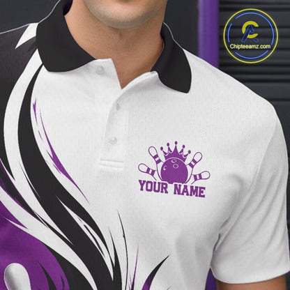 Close-up of the left chest on a white, black, and purple bowling polo shirt featuring a flaming bowling ball striking pins graphic.