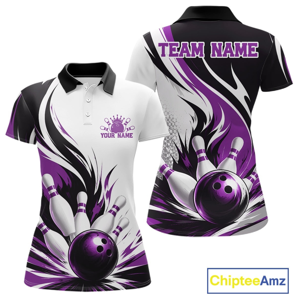 Front and back view of a women's bowling polo shirt mockup showcasing a flaming bowling ball striking pins artwork on a white, black, and purple shirt.
