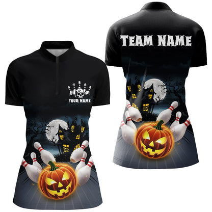 Custom Halloween Ladies Bowling Shirts, Pumpkin Bowling Ball Bowling Team Halloween Outfit IPHW7547