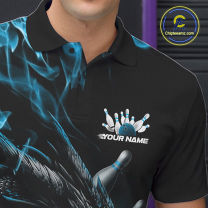 Custom Black And Blue Flame Dragon Bowling Men Polo Shirt, Dragon Bowling League Shirt IPHW10273