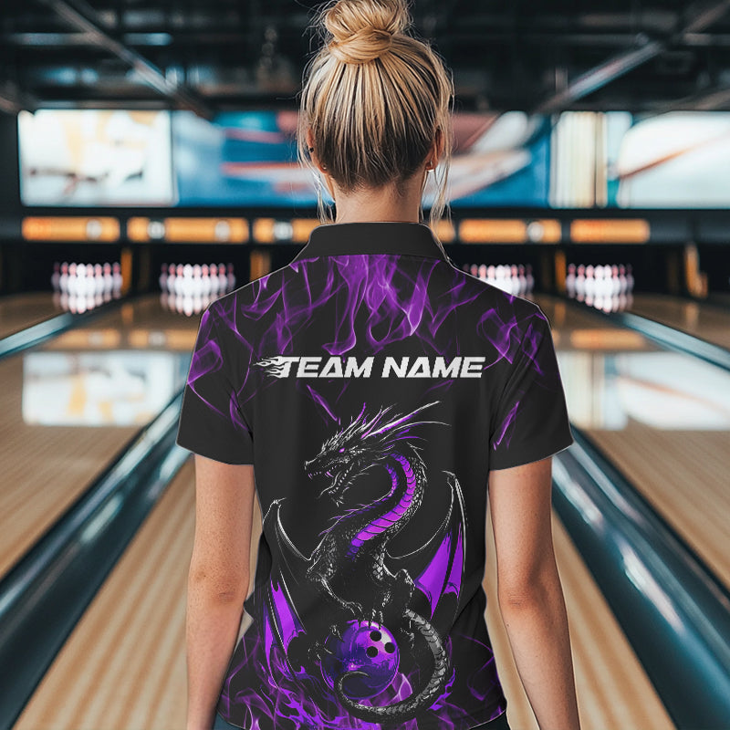 Custom Black And Purple Flame Dragon Bowling Team Womens Polo Shirts, Bowling League Shirt IPHW8654