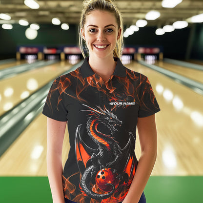 Custom Black And Orange Flame Dragon Bowling Team Womens Polo Shirts, Bowling League Shirt IPHW8655