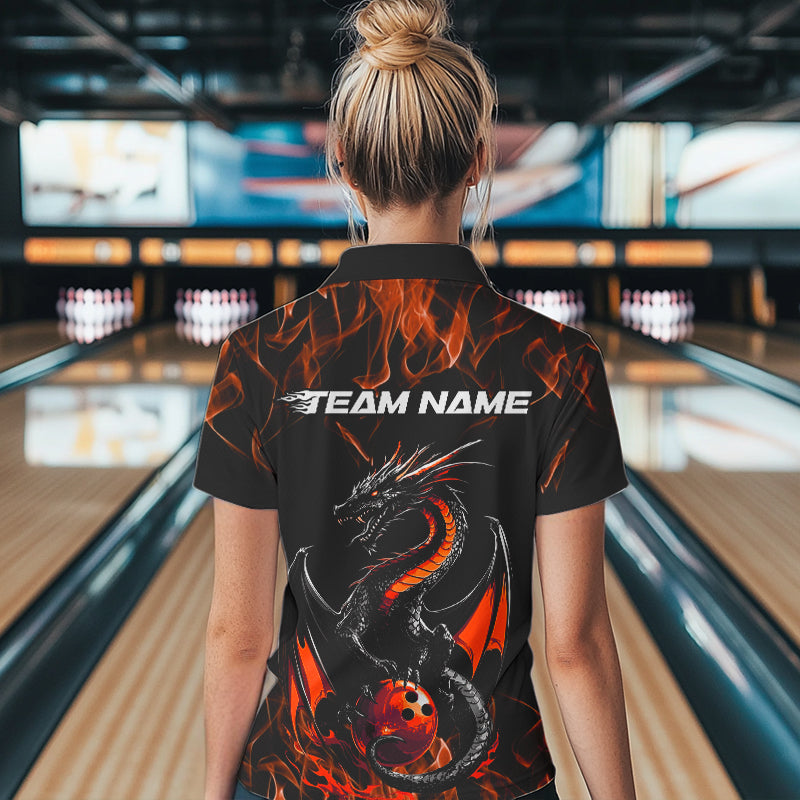 Custom Black And Orange Flame Dragon Bowling Team Womens Polo Shirts, Bowling League Shirt IPHW8655