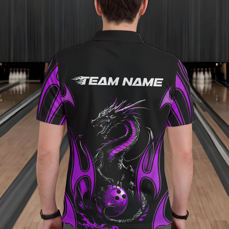 Custom Black And Purple Flame Dragon Bowling Tournament Polo Shirts For Men, Bowlers Outfits IPHW8657