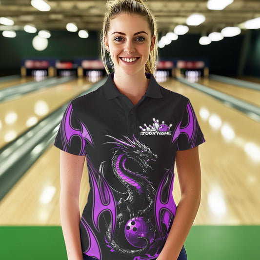 Custom Black And Purple Flame Dragon Bowling Tournament Womens Polo Shirts, Bowlers Outfits IPHW8657