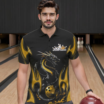 Custom Black And Gold Flame Dragon Bowling Tournament Polo Shirts For Men, Bowlers Outfits IPHW8658