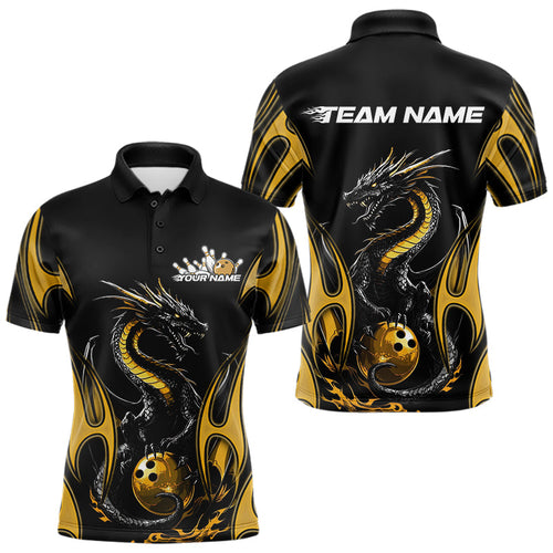 Custom Black And Gold Flame Dragon Bowling Tournament Polo Shirts For Men, Bowlers Outfits IPHW8658