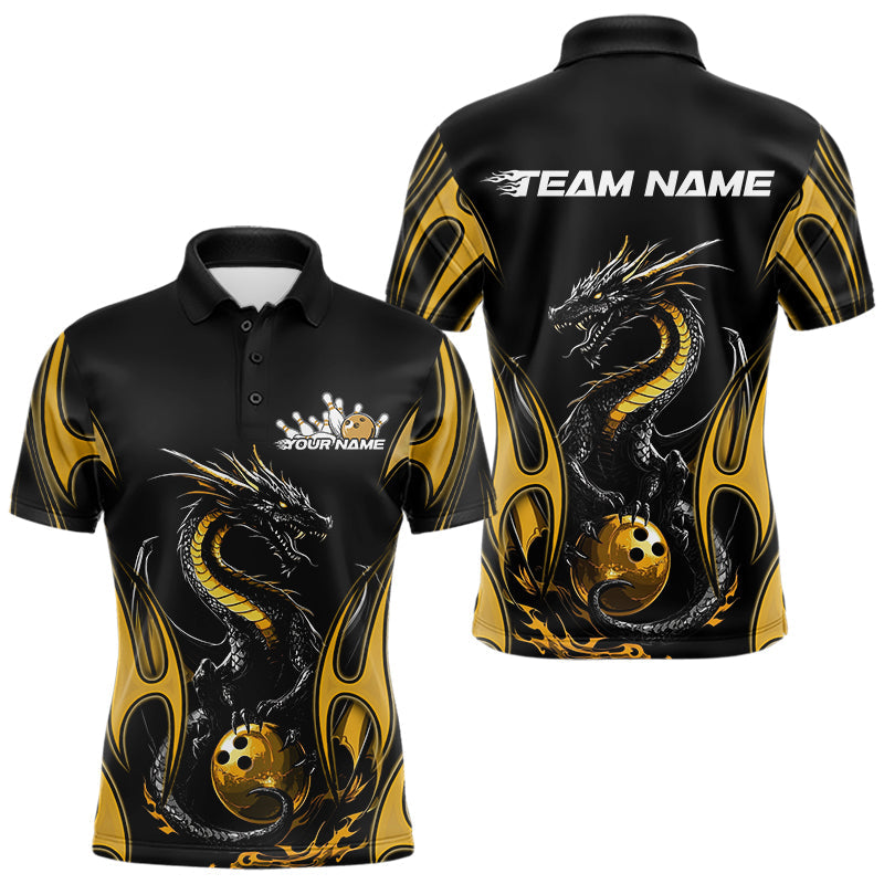 Custom Black And Gold Flame Dragon Bowling Tournament Polo Shirts For Men, Bowlers Outfits IPHW8658