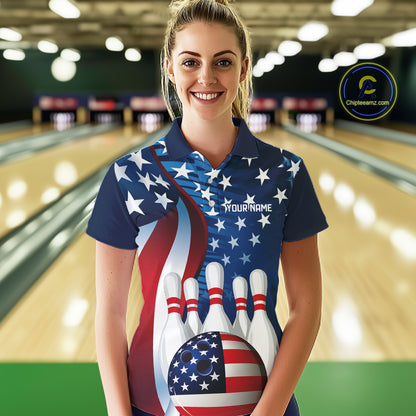 American Flag Custom Patriotic Bowling Shirts For Women, Team Bowling League Shirts Uniform IPHW7555
