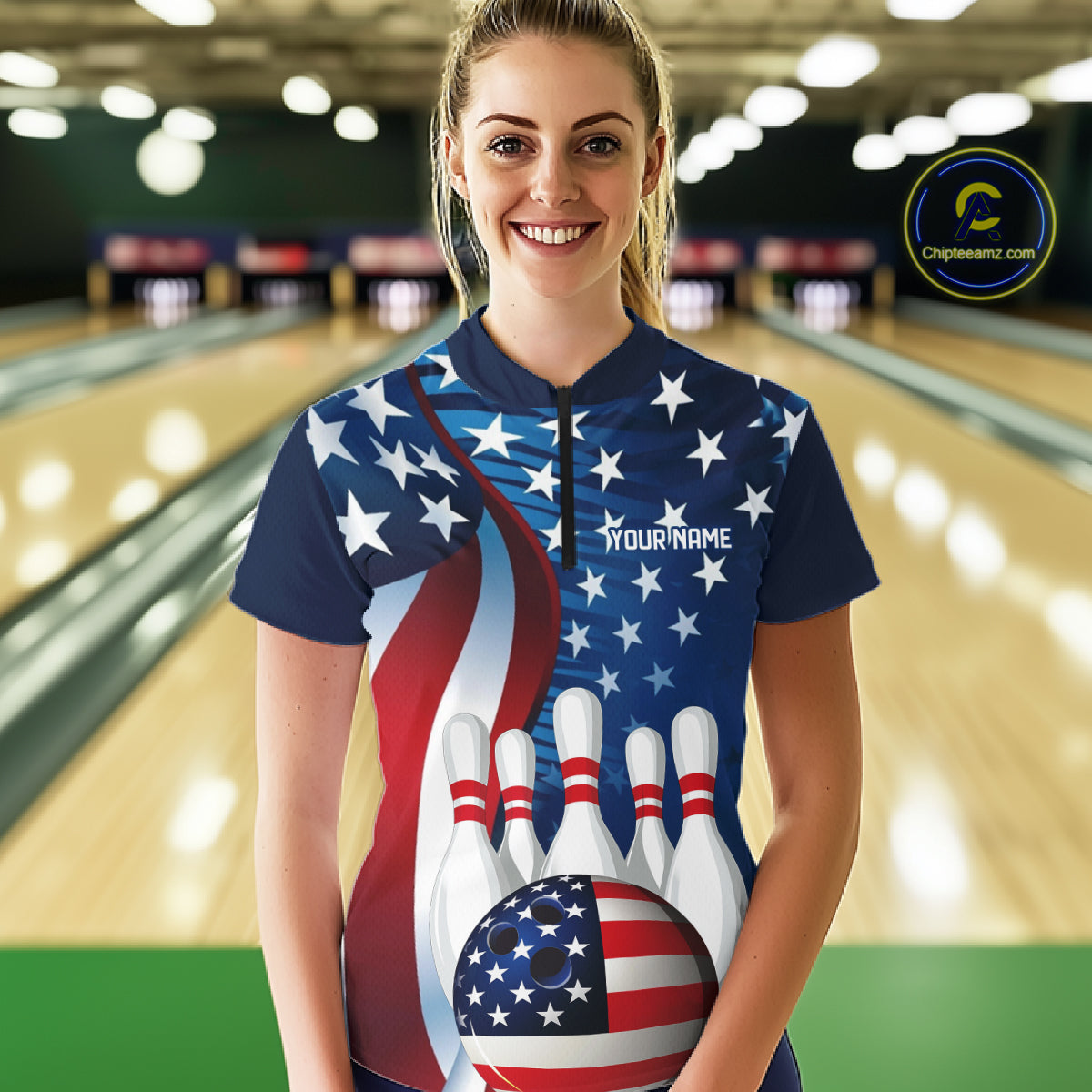 American Flag Custom Patriotic Bowling Shirts For Women, Team Bowling League Shirts Uniform IPHW7555