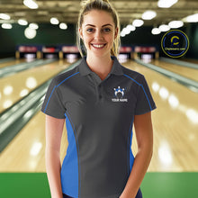 Load image into Gallery viewer, Custom Black And Mid Blue Classic Bowling Team Polo Shirt For Women, Bowling League Shirt IPHW9912