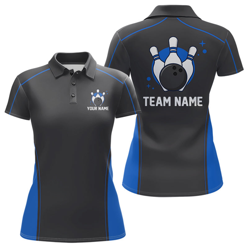 Custom Black And Mid Blue Classic Bowling Team Polo Shirt For Women, Bowling League Shirt IPHW9912