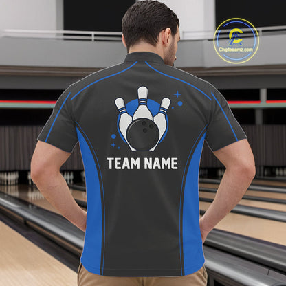 Custom Black And Mid Blue Classic Bowling Team Quarter-Zip Shirt For Men, Bowling League Shirt IPHW9912