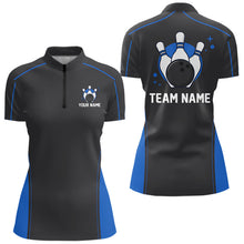 Load image into Gallery viewer, Custom Black And Mid Blue Classic Bowling Women Quarter-Zip Shirt, Bowling League Shirt IPHW9912