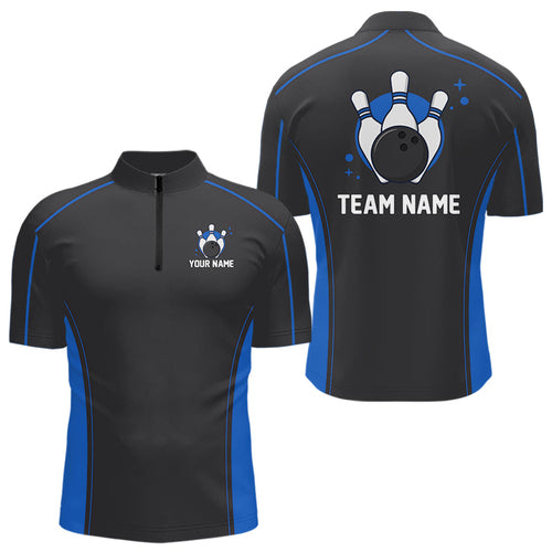 Custom Black And Mid Blue Classic Bowling Team Quarter-Zip Shirt For Men, Bowling League Shirt IPHW9912