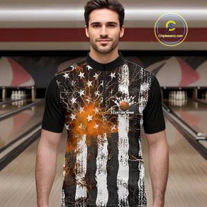 Orange Lightning US Flag Custom Bowling Team Jerseys, Patriotic Bowling Quarter-Zip Shirt For Men IPHW9917