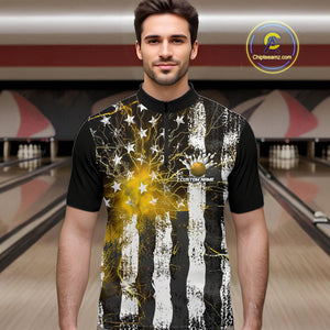 Yellow Lightning US Flag Custom Bowling Team Jerseys, Patriotic Bowling Quarter-Zip Shirt For Men IPHW9918
