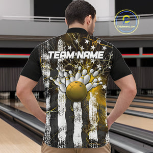 Yellow Lightning US Flag Custom Bowling Team Jerseys, Patriotic Bowling Quarter-Zip Shirt For Men IPHW9918
