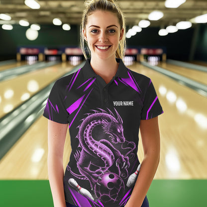 Custom Black And Purple Dragon Bowling Polo Shirts For Women, Dragon Bowling League Shirt IPHW8673