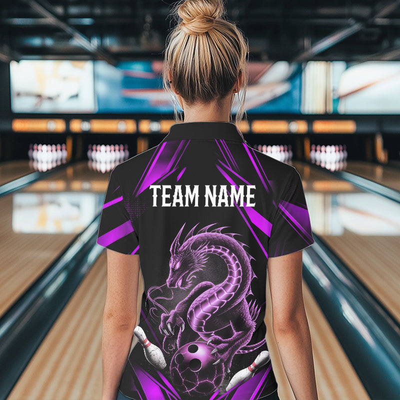 Custom Black And Purple Dragon Bowling Polo Shirts For Women, Dragon Bowling League Shirt IPHW8673
