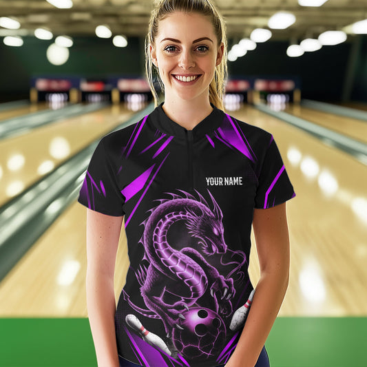 Custom Black And Purple Dragon Women Bowling Quarter-Zip Shirt, Dragon Bowling League Shirt IPHW8673