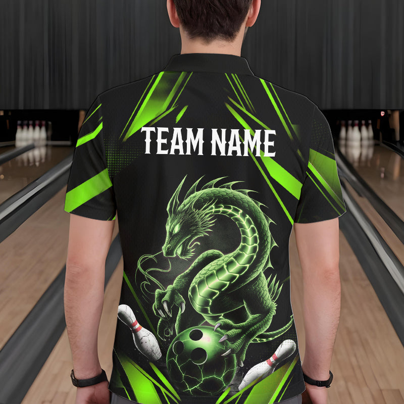 Custom Black And Green Dragon Bowling Polo Shirts For Men, Dragon Bowling League Shirt IPHW8674