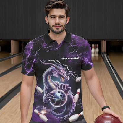 Custom Black And Purple Thunder Lightning Dragon Bowling Team Polo Shirts For Men IPHW8678