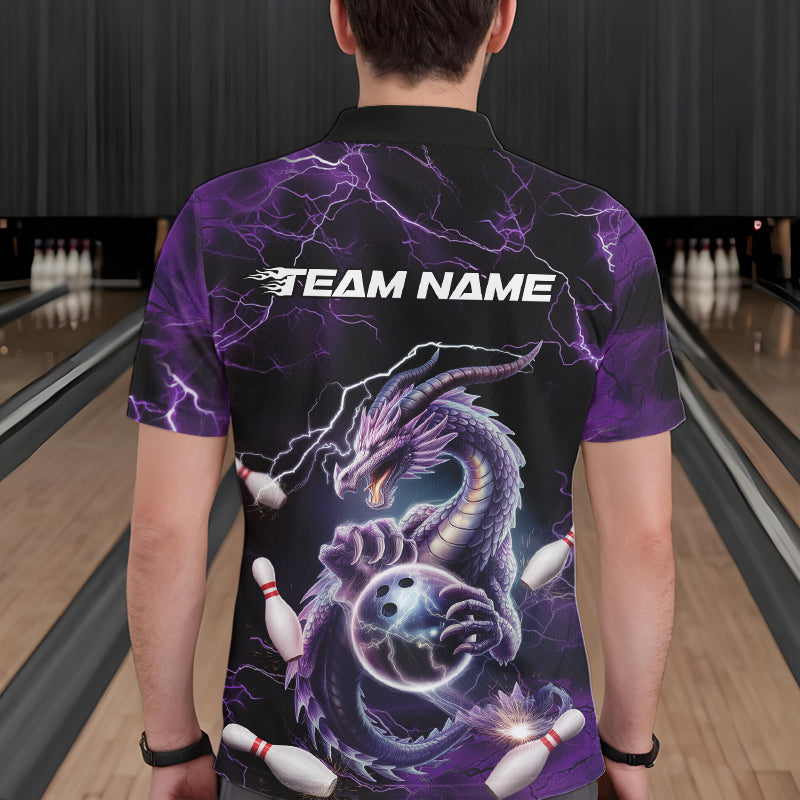 Custom Black And Purple Thunder Lightning Dragon Bowling Team Polo Shirts For Men IPHW8678