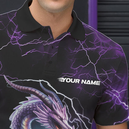 Custom Black And Purple Thunder Lightning Dragon Bowling Team Polo Shirts For Men IPHW8678