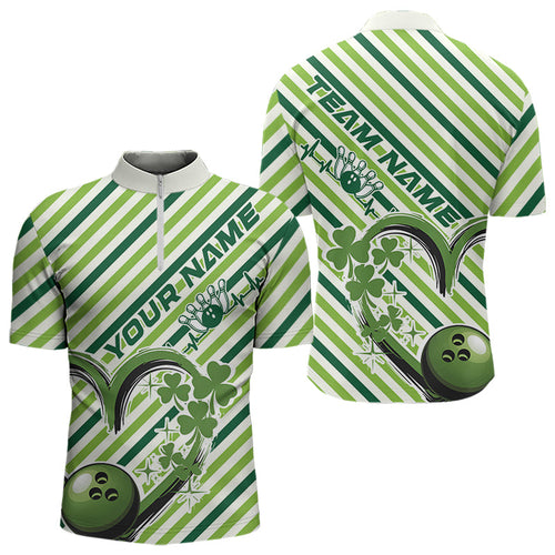 Custom Saint Patricks Day Heart Bowling Quarter-Zip Shirt For Men, Lucky Bowling Team League Shirt IPHW8683